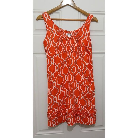 Escapada womens small peachy orange geometric mini shift dress smocked - Picture 1 of 8